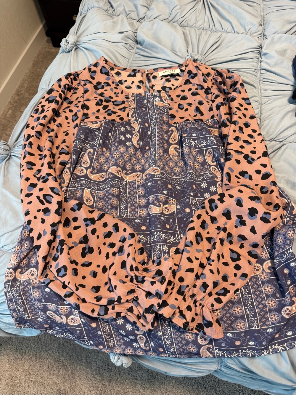 Mixed Print Long Sleeve Women's Top in Pink and Navy - Andre by unit - Picture 2 of 5